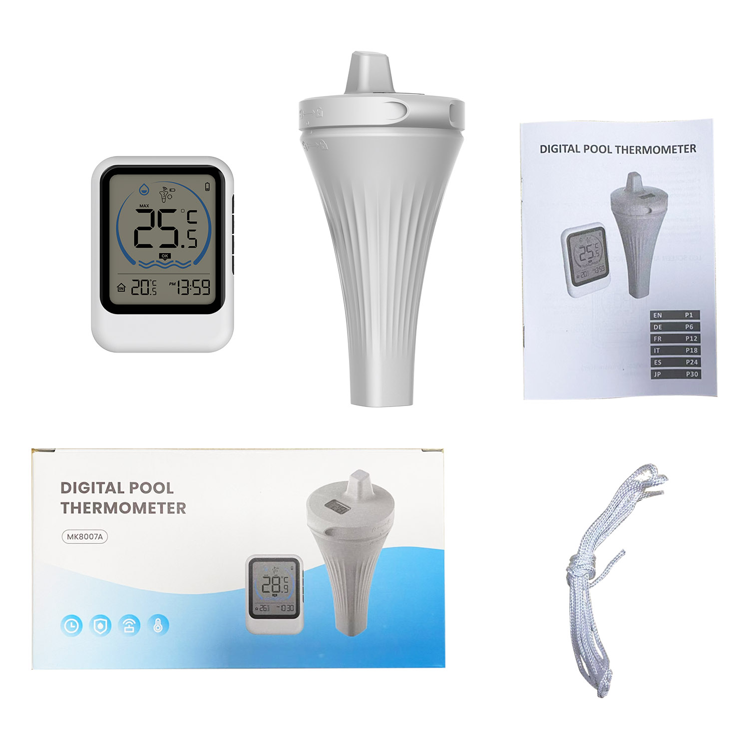 Kabelloses Poolthermometer Mit Temperatursensor Für Aquarien, Badewannen Und Schwimmbecken. 12-/24-stunden-anzeige. Speichert Maximale Und Minimale Außentemperaturen. Umschaltbar Zwischen °c Und °f.