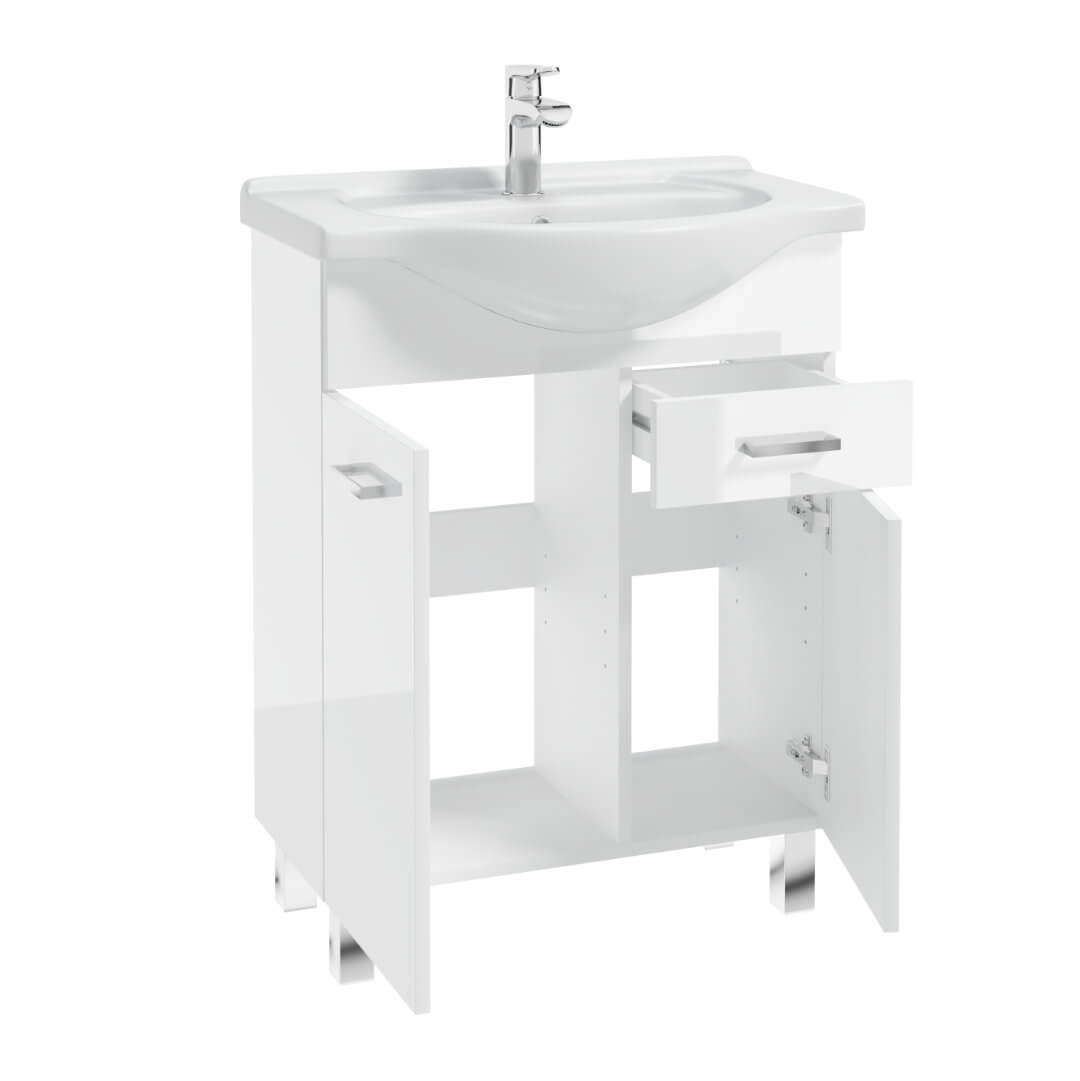 Badezimmerschrank Auf Füßen Mit Waschbecken, Weiß, 55 Meter