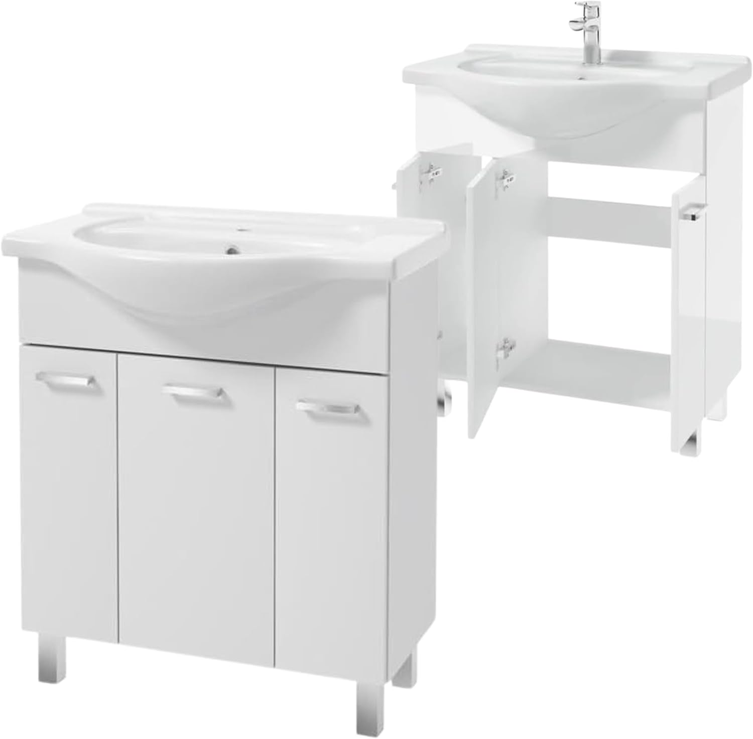 Freistehender Badezimmerschrank Mit Waschbecken, 75 Cm, Massiv Weiß, Mea