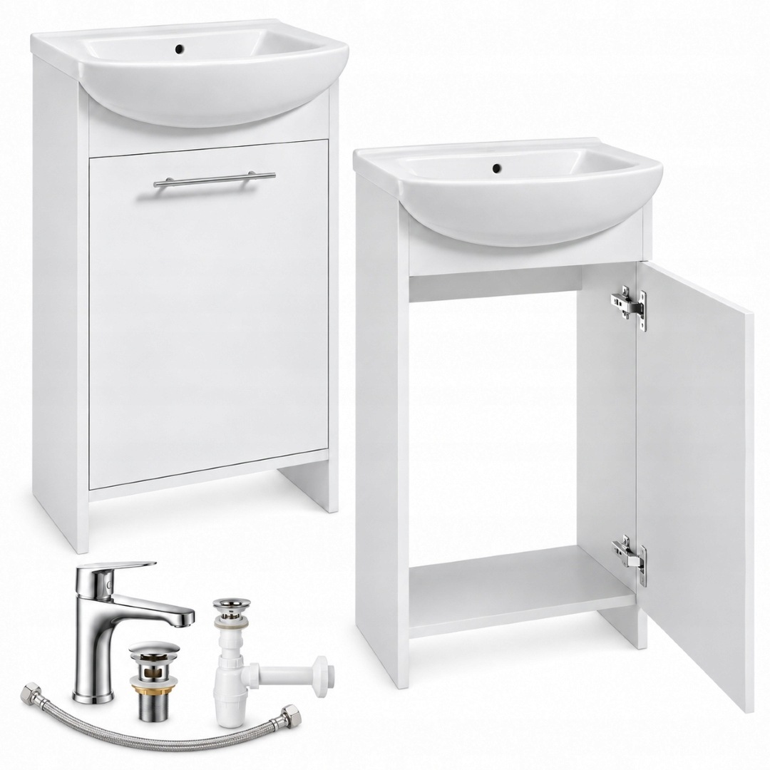 Freistehender Badezimmerschrank Mit Waschbecken Und Armatur, Chrom, Weiß, 50 X 84 Cm, Frigo