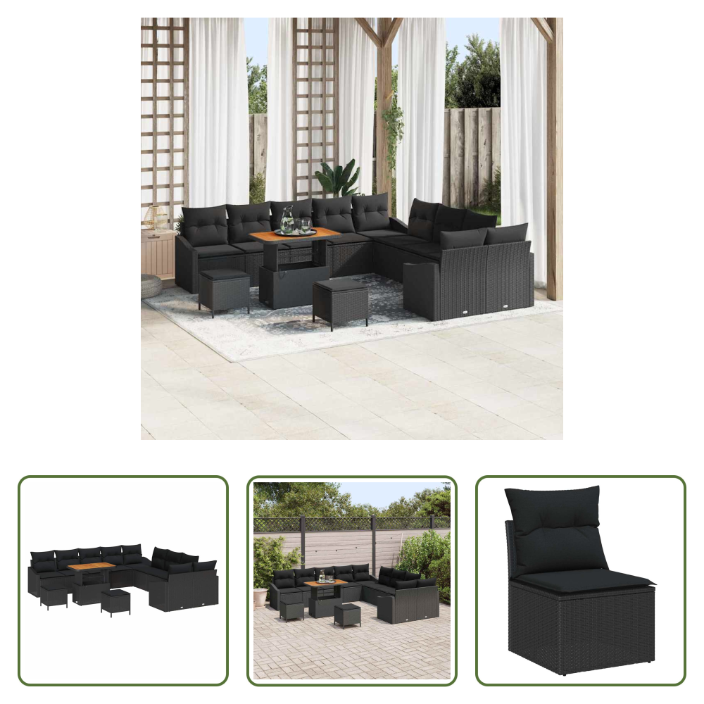 Gartensofa Set - Gartensofa-set Mit Kissen 13 Pcs Schwarz Poly-rattan