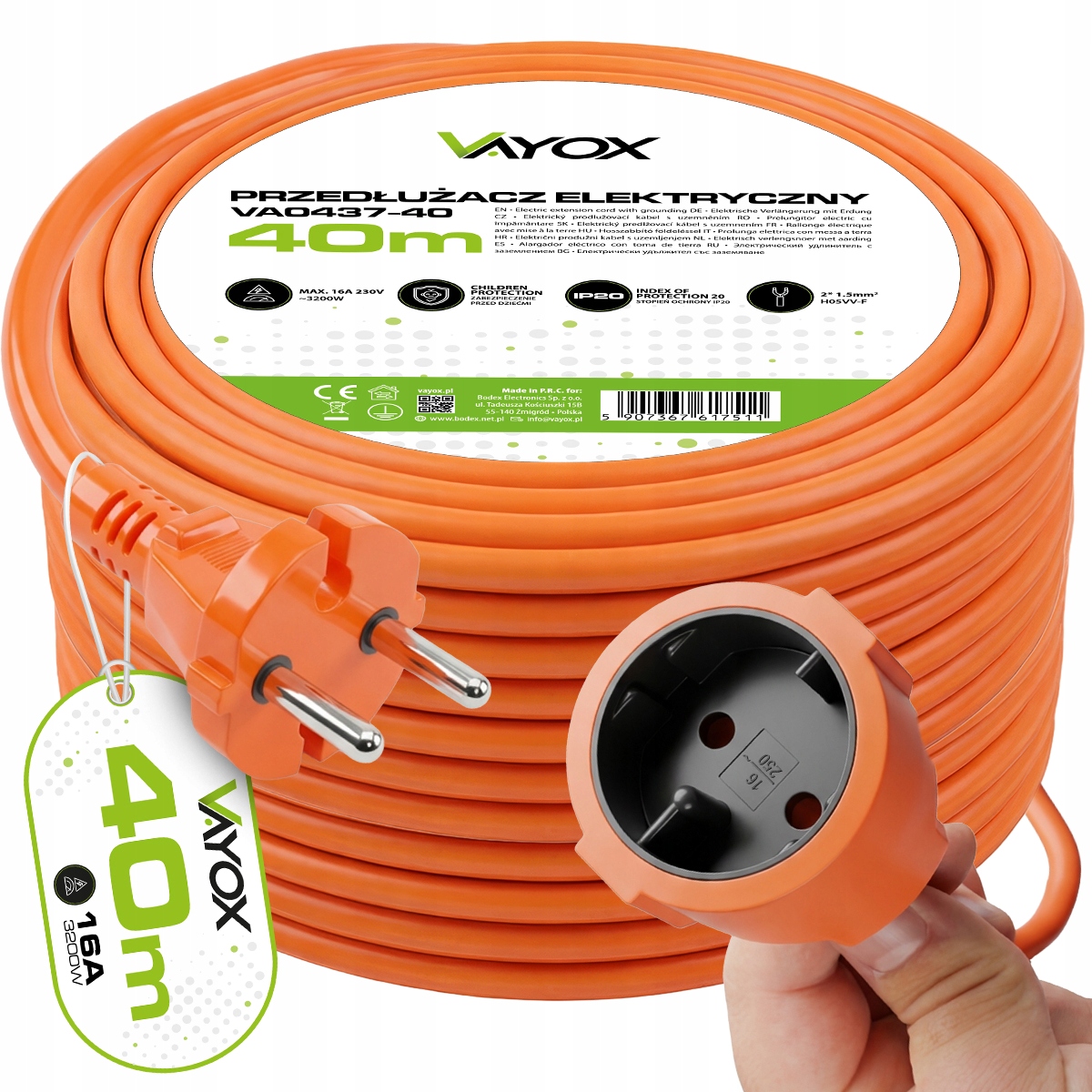 Vayox Gartenverlängerungskabel Orange 1 Gn H05vv-f 2x1,5x40m 40 M Ip20 Va0437-40