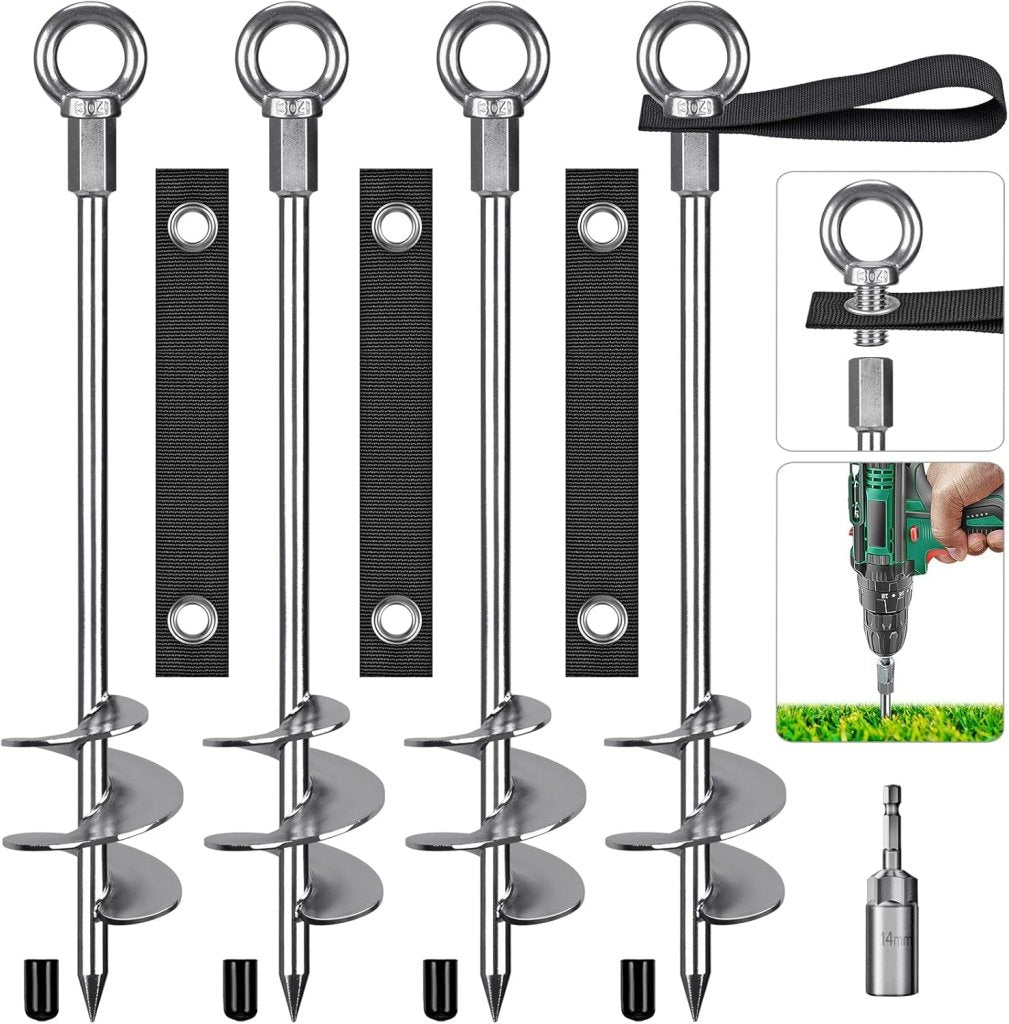 Bodenanker 6 Stück 45 Cm Heavy Duty Mit Spanngurten Und Bohradapter – Trampolinanker – Sturmanker