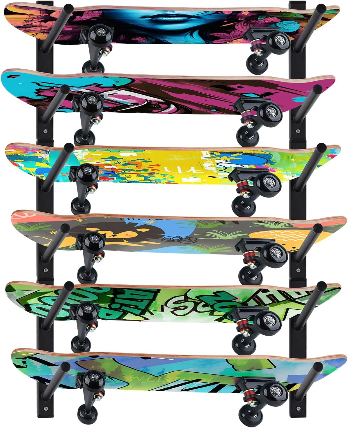 Skateboard-wandregal Mit 8 Ebenen Aus Schwarzem Stahl – Wandhalterung Für Skateboards, Longboards Und Snowboards
