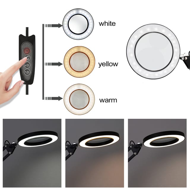 Helle Vergrößerungslampe, Faltbare Led-schreibtischlampe, Leselampe, Drei Farbstufen, Zehn Helligkeitsstufen, 5-fache Vergrößerung, Usb-stromversorgung, Schwarzer Sockel.