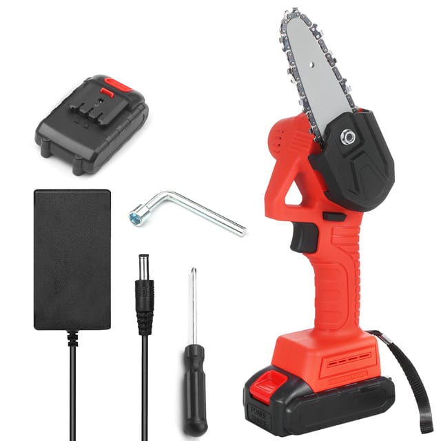 21v Akku-elektrokettensäge, 10cm Schnittkapazität, Kleine Gartensäge Für Holzfäll- Und Holzarbeiten, Rot, Europäischer Standard, Akku Und Ladegerät Inklusive.