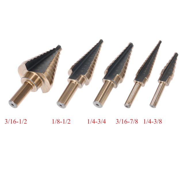 Set Mit 5 Stufenbohrern (zoll), Tellerbohrer, Spiralbohrer Und Pagodenbohrer, Verpackt In Einer Aluminiumbox.