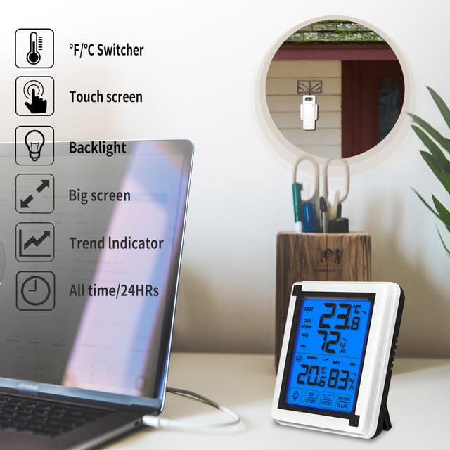 Kabelloses Digitales Thermometer Und Hygrometer Mit Großem Lcd-touchscreen Und Hintergrundbeleuchtung, Wetteruhr Für Drinnen Und Draußen, Hygrometer Für Zuhause Und Büro Mit Sender.