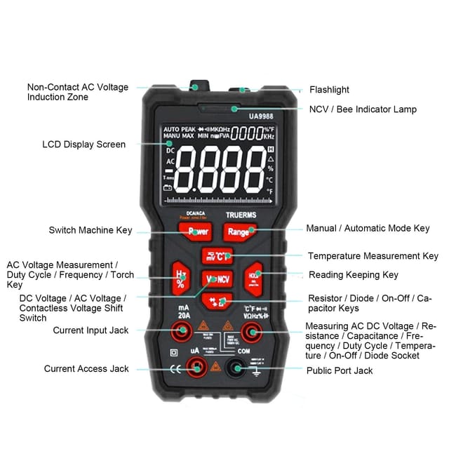 Ua9988 Schwarzes Smart-digitalmultimeter Mit Vollständiger Tastaturanzeige