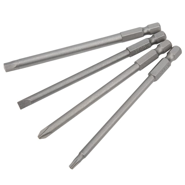 Set Mit 16 Langen Schraubendreherbits (100 Mm): Sechseckig, Flach, Kreuzförmig Und Hohl.