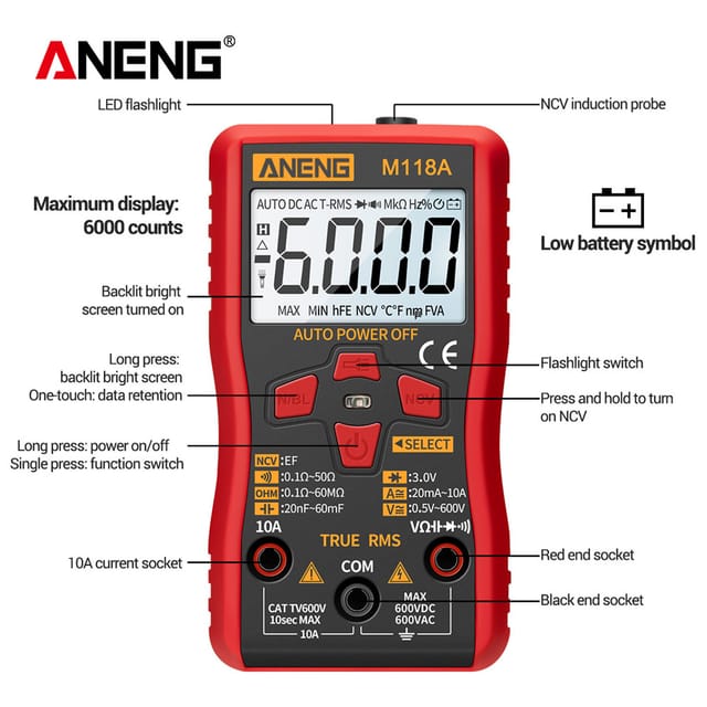 Aneng Hochpräzises Vollautomatisches Digitalmultimeter, Kleines Multifunktionales Elektrisches Messgerät M118a (batterie Nicht Enthalten)