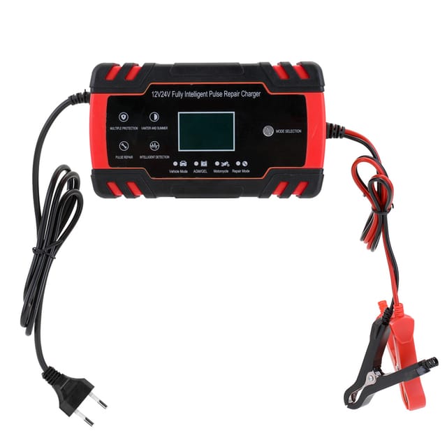 Automatisches 12v/24v Motorradbatterieladegerät Mit Verpolungs- Und Kurzschlussschutz, Batteriespannungsanzeige (110-240v), Rot, Entspricht Europäischen Normen.