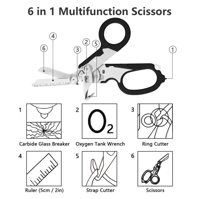 Multifunktionsschere, 6-in-1 Multifunktions-notfallschere, Schwarz