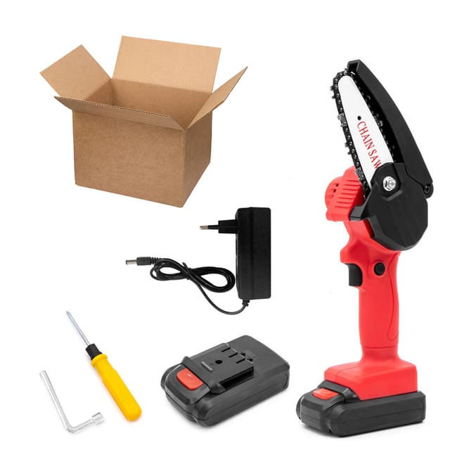 Mini-akku-elektrokettensäge, Lithium-akku-kettensäge, Elektrische Holzsäge, Kleine Holzsäge, Gartensäge, Rote Kartonverpackung, Zwei Akkus Und Ein Ladegerät, Europäischer Standard 220 V.