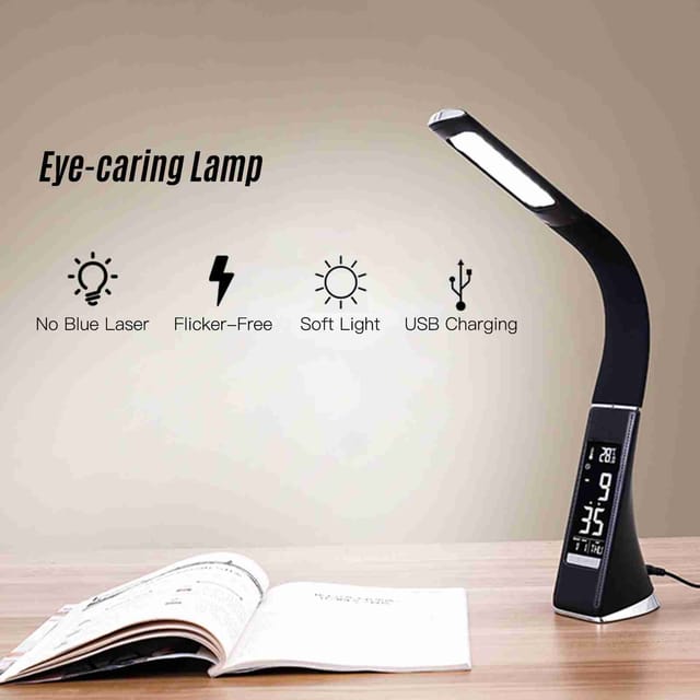 Led-schreibtischlampe Zum Lernen/lesen, Fürs Büro, Einstellbare Lichtintensität In 3 Stufen, Va-lcd-bildschirm, Uhr Mit Temperaturanzeige, Wecker, Kalenderfunktion, Usb-stromversorgung, Schwarz.