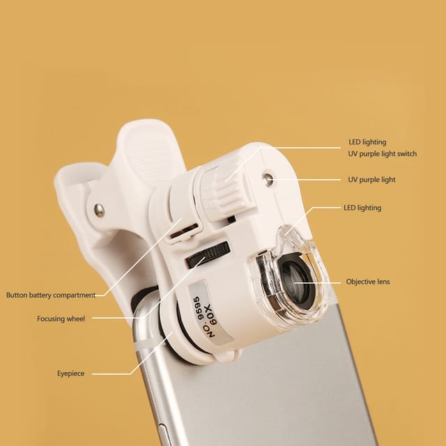 Tragbares Led-makro-vergrößerungsgerät, Großbildmikroskop, 60-fache Vergrößerung, Mikroskop Für Mobiltelefone, Neues Modell Mit Handy-objektiv Und Akku.