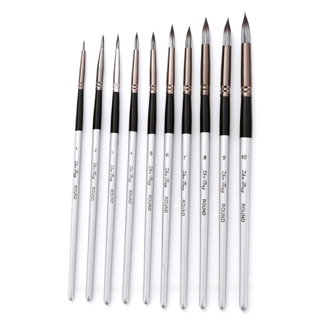 Set Mit 10 Nylonpinseln, Aquarellpinsel Mit Runder Spitze, Grau