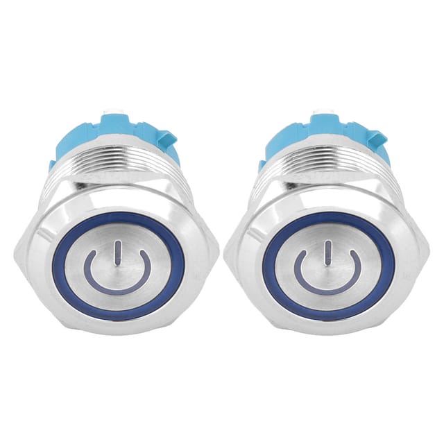 Verkauft In 2er-packs: 4-poliger Metall-drucktaster, Flacher Kopf, 1224 Vdc, 22 Mm, Selbstrückstellend, Mit Betriebsanzeige, Blau.