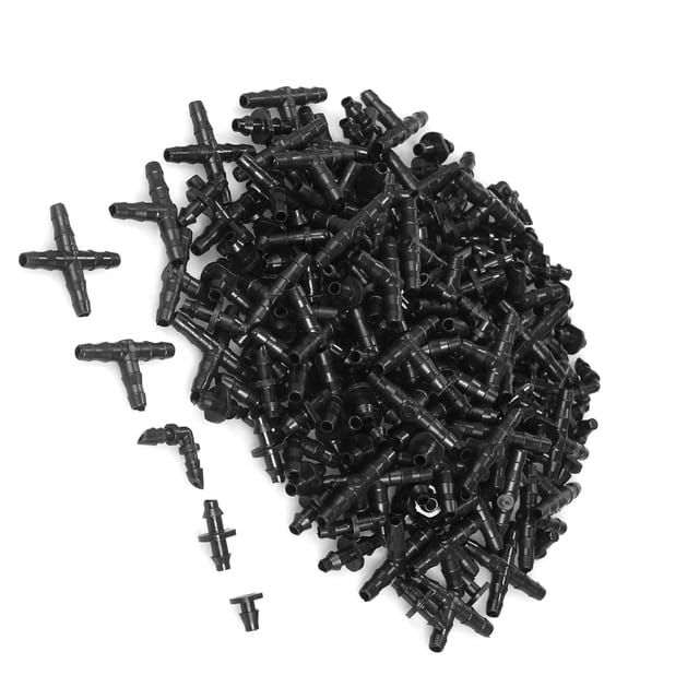 Set Mit 200 Gartenbewässerungsarmaturen Für 1/4-zoll-schläuche, Bestehend Aus 20 4-poligen Verbindern, 20 Winkelstücken, 80 Geraden Verbindern, 20 Stopfen Und 60 T-stücken.