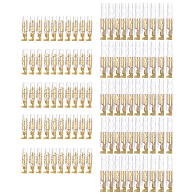 Dieses 200-teilige Set Elektrischer Kabelverbinder Enthält: 50 4-mm-crimp-stecker, 50 4-mm-crimp-buchsen, 50 Isolierhülsen Für Stecker Und 50 Isolierhülsen Für Buchsen. Verpackt In Einem Goldfarbenen