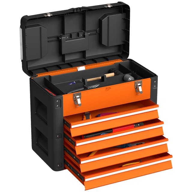Werkzeugkasten 4 Schubladen, Werkzeugbox Auf Rollen, Orange Schwarz, 66x33x78 Cm