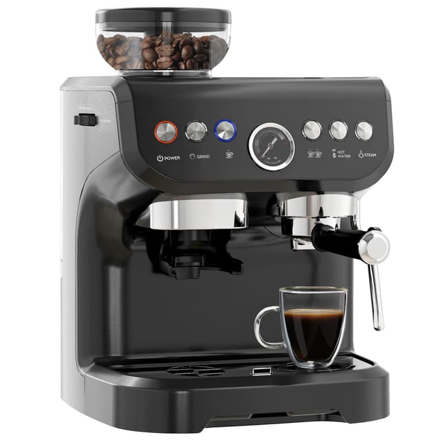Espressomaschine 1600 W, 15 Bar Pumpendruck, 2 L Wassertank, Milchaufschäumer, Doppelter Auslauf, Edelstahl