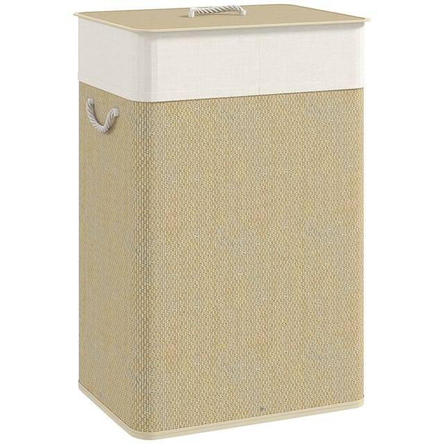 Wäschekorb Wäschetonne 72 L Mit Deckel, Bambusrahmen Und Abnehmbarer Stofftasche, Klappbar, 52 X 35 X 60