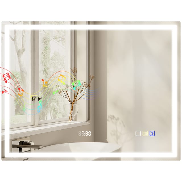 Badspiegel Led 80 X 60 Cm, Beleuchtet, 3 Lichtfarben, Bluetooth-lautsprecher, Touch-schalter, Ip44,