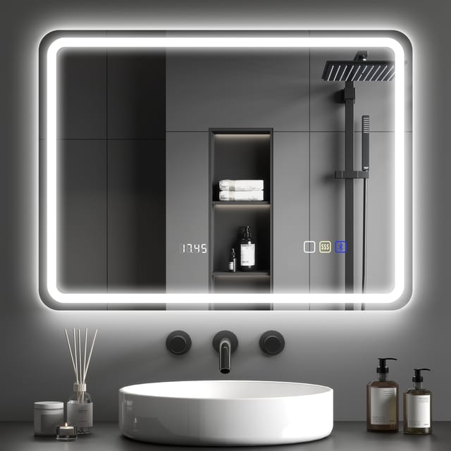 Badspiegel Mit Led, 50 X 70 Cm, Bluetooth-lautsprecher, Beleuchteter Schalter, Uhr, Ip44, Beschlagfrei