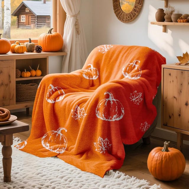 Herbstdecke Sofa Wendbar, Orange Kuerbis Stuhl Weich Flanellen-ueberwurf Halloween Dekoration Originell