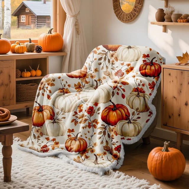 Herbstdecke Sofa Bett Weich, Flanellen-ueberwurf Orange Print Kuerbis, Stuhl Deko Geschenk Originell