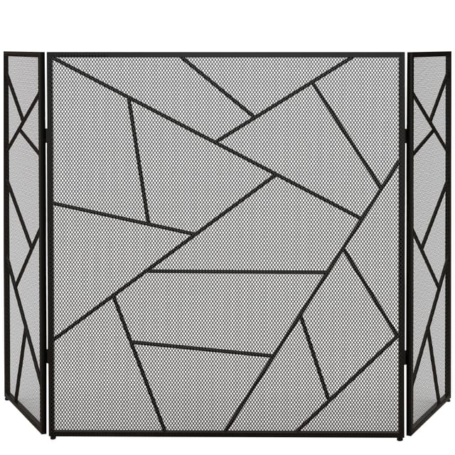 Kamin-schutzgitter 3 Paneele, 135 X 1,2 X 85 Cm, Stahl Pulverbeschichtet, Geometrisches Muster