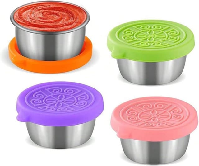 4er Set Soenbehalter Aus Edelstahl 50 Ml Mit Silikondeckeln, Luftdichte Lunchboxen, Kompakt