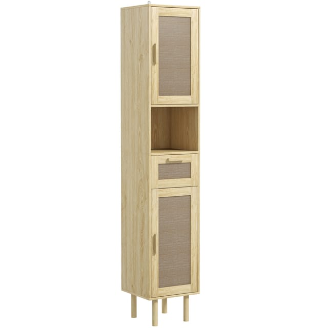 Badezimmer-hochschrank Mit Rattan-türen, 32 X 30 X 170 Cm, 1 Schublade, Offenes Fach, 2 Schränke