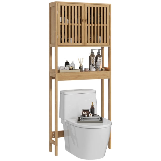 Regal Über Der Toilette Bambus, Badezimmerregal Mit 2 Türen, 68x28x170 Cm, Ergonomisch Und Komfortabel Für L