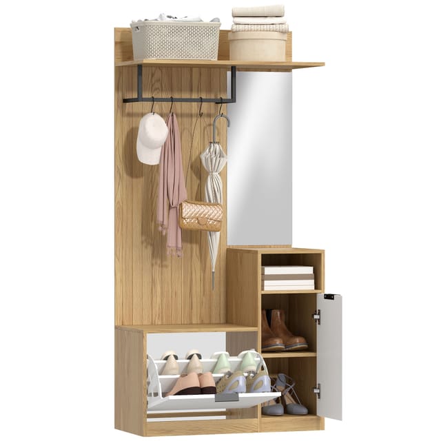 Garderoben-set 6-in-1, 80 X 36 X 168 Cm, Spiegel, Schuhfach, Rattan-türen, Kleiderstange, Haken, Mdf