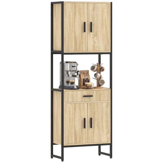 Küchen-hochschrank 60 X 30 X 170 Cm, 4 Türen Mit Offener Arbeitsplatte, Soft-close-scharnieren, Holz-optik,