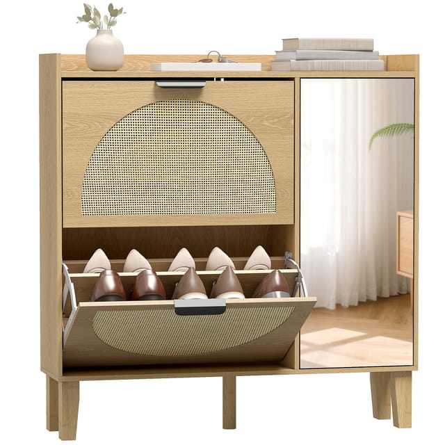 Schuhschrank 10 Paare, Mit Volllängigem Spiegel, 2 Klapptüren Und Verstellbaren Böden, Rattan, 94,5x24x96,5 Cm