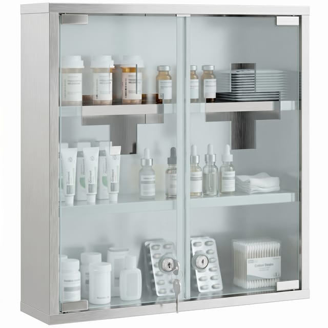 Apotkerschrank Wandmontage Mit Glas-türen, Medizinschrank Mit Schloss, 53x13x68 Cm, Silber