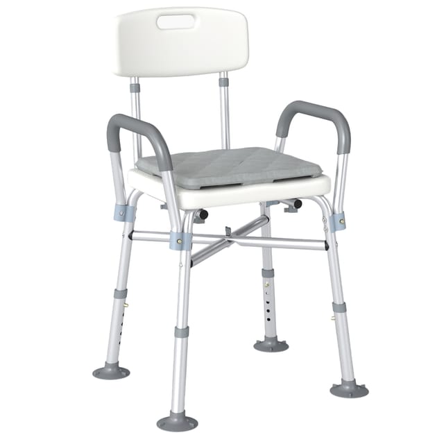Duschstuhl Mit Armlehnen 53,5 X 52 X 80-90 Cm, 5-fach Höhenverstellbar, Aluminium, Saugfüße, Bis 180 Kg,
