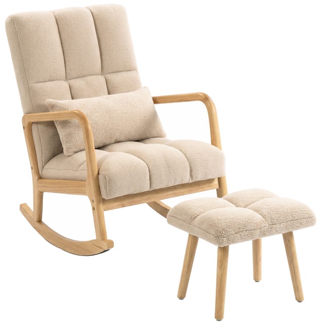 Schaukelstuhl Mit Hockersessel, 90°-130° Wippend, Boucle-stoff, Breiter Sitz, Beige, Holzfüße, 120 Kg