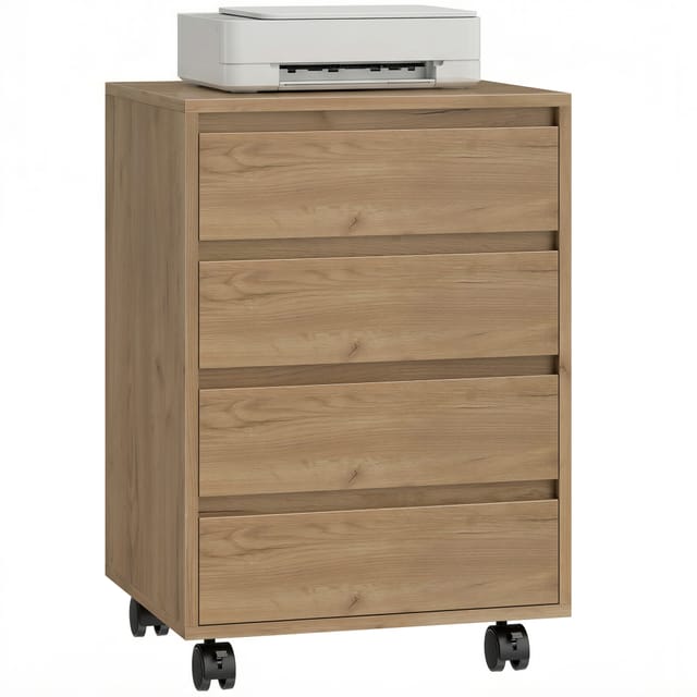 Rollcontainer Fürs Büro, 4 Schubladen, Auf Rollen, 40 X 45 X 60 Cm, Mdf, Eiche Braun, Griffe, Abschliessbar