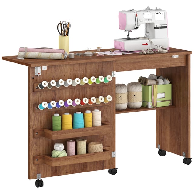 Nähtisch Klappbar Auf Rollen, Nähmaschinentisch Mit Ausziehplatte, 84x45x76 Cm, Braun
