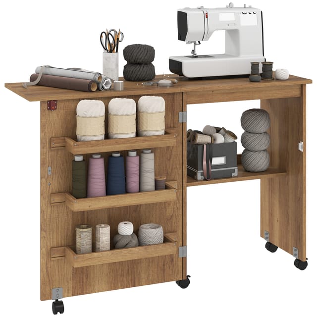 Nähtisch Klappbar Mit Ausziehplatte, Nähmaschinentisch Auf Rollen, 84x45x76 Cm, Braun