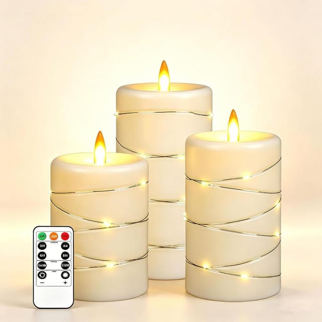 3er Set Weie Led-kerzen Mit Lichterkette Und Fernbedienung, Realistische Flammen-imitation Fur Fest