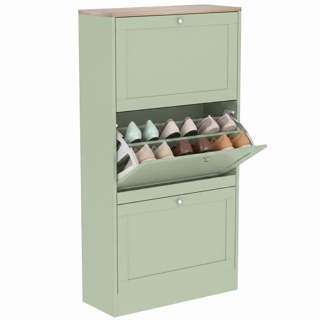 Schuhschrank Schuhregal 60 X 23,5 X 115 Cm Mit 3 Klapptüren Für 12-18 Paar Schuhe, Verstellbare Böden, Grün