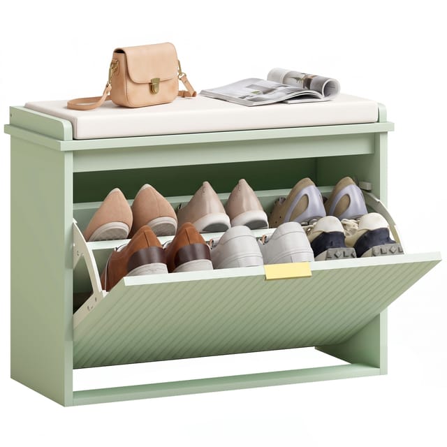 Schuhbank Mit Sitzfläche 80 X 30 X 45 Cm, Offene Ebenen, Gepolsterter Sitz, Grüner Stoff, Kippschutz, Max.