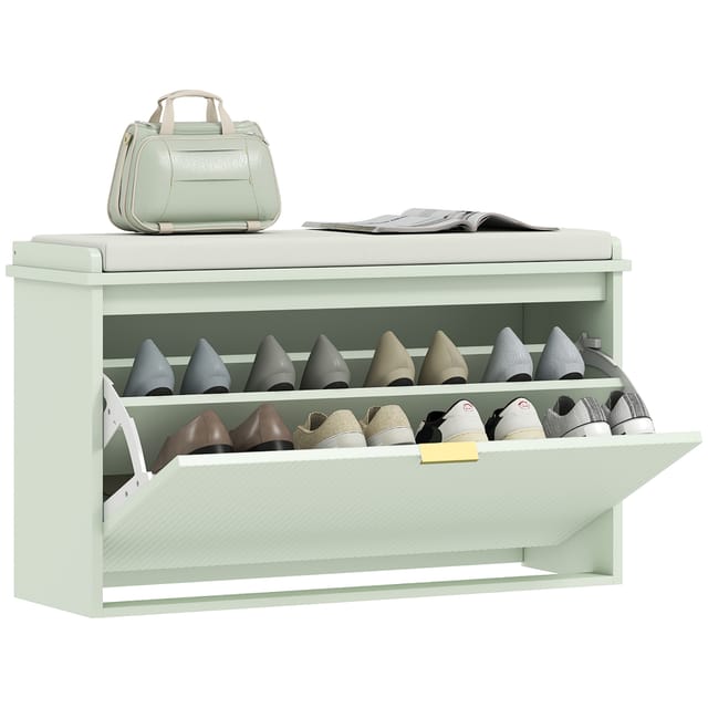 Schuhbank Mit Sitzkissen, 80 X 26 X 47,5 Cm, Schublade, Offene Ablage, Mdf Grün, Polster, Bis 120 Kg