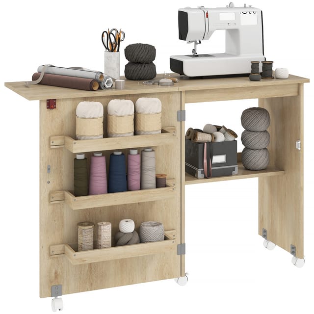 Nähtisch Klappbar Mit Ausziehplatte, Nähmaschinentisch Auf Rollen, 84x45x76 Cm, Holz-natur