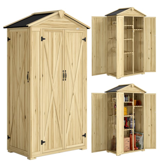 Gartenhaus Gerätehaus Holz 93 X 53 X 168 Cm, 3 Türen, Pultdach, Imprägnierte Kiefer, Für Gartengeräte, Natur